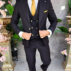 Costum de barbati negru cu butoni aurii Sacou Vesta si Pantalon C4175 3