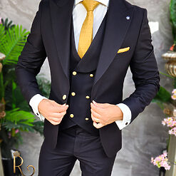 Costum de barbati negru cu butoni aurii Sacou Vesta si Pantalon C4175 4