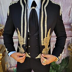 Costum de ceremonie Slim Fit Negru cu broderie aurie Sacou Vesta Pantalon si Cravata C3900 6