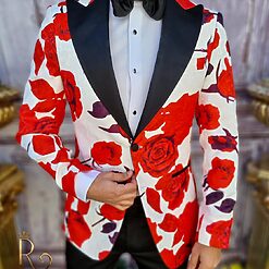 Costum elegant de barbati Sacou alb inflorat Pantalon negru si Papion C3587 5