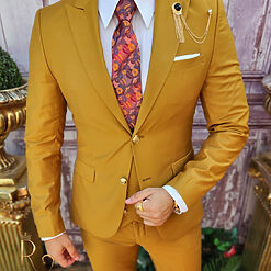 Costum galben mustar cu butoni aurii Sacou Vesta si Pantalon C3874 2