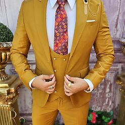 Costum galben mustar cu butoni aurii Sacou Vesta si Pantalon C3874 3