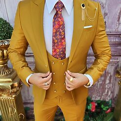 Costum galben mustar cu butoni aurii Sacou Vesta si Pantalon C3874 4