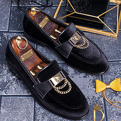 Mocasini/Loafers negri din catifea cu accesoriu metalic auriu - P1057-Pantofi