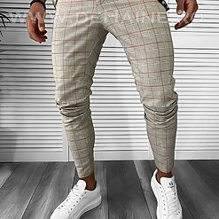 Pantaloni barbati casual regular fit bej in carouri B7878 E 6-5-Pantaloni > Pantaloni casual