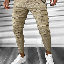 Pantaloni barbati casual regular fit bej in carouri B7892 A-7-Pantaloni > Pantaloni casual