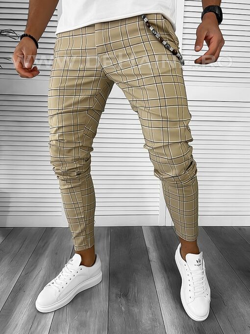 Pantaloni barbati casual regular fit bej in carouri B7892 A-7-Pantaloni > Pantaloni casual