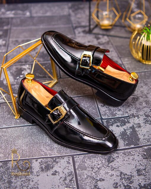 Pantofi Loafers barbatesti negri lacuiti cu catarama aurie - P1703-Pantofi