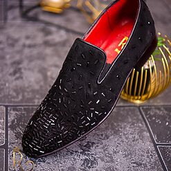 Pantofi Loafers de barbati din piele naturala negri cu strasuri P1722 2
