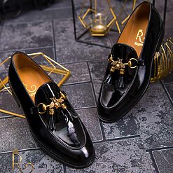 Pantofi Loafers de barbati din piele naturala negri lacuiti P1374 2