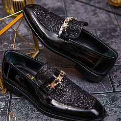 Pantofi Loafers de barbati din piele naturala negri lacuiti cu sclipici P1334 2