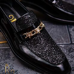 Pantofi Loafers de barbati din piele naturala negri lacuiti cu sclipici P1334 3