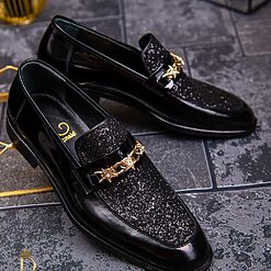Pantofi Loafers de barbati din piele naturala negri lacuiti cu sclipici P1334 4