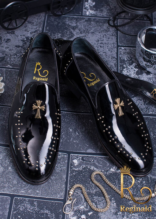 Pantofi Loafers din piele naturala lacuita cu tinte metalice aurii - P1033-Pantofi