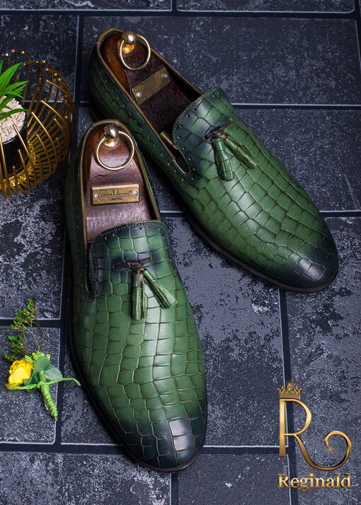 Pantofi Mocasini verzi din piele naturala Croc Edition - P1050-Pantofi