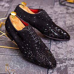 Pantofi cu siret barbatesti negri din piele naturala cu strasuri P1726 3