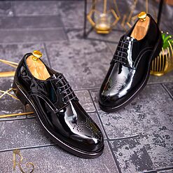 Pantofi de barbati negri lacuiti model brogue piele naturala - P1700-Pantofi