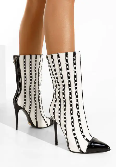 Botine cu toc subtire albe Lucia-Botine cu toc-Botine elegante