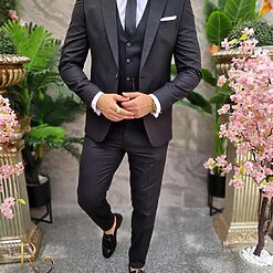 Costum Reginald negru texturat Sacou Vesta si Pantalon C4204 3