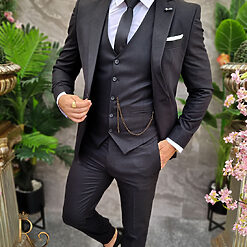 Costum Reginald negru texturat Sacou Vesta si Pantalon C4204 4