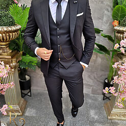 Costum Reginald negru texturat Sacou Vesta si Pantalon C4204 5