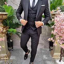 Costum Reginald negru texturat Sacou Vesta si Pantalon C4204 6