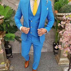 Costum barbatesc bleu nasturi aurii Sacou Vesta si Pantalon C4191 6