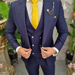 Costum barbatesc bleumarin nasturi aurii Sacou Vesta si Pantalon C4193 3