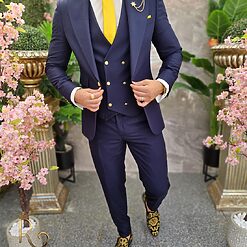 Costum barbatesc bleumarin nasturi aurii Sacou Vesta si Pantalon C4193 7