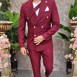 Costum barbatesc bordeaux Double Breasted Sacou si Pantalon C4194 3