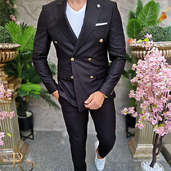 Costum barbatesc negru Double Breasted Sacou si Pantalon C4197 2
