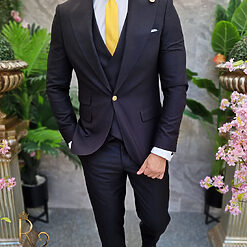 Costum barbatesc negru nasturi aurii Sacou Vesta si Pantalon C4190 2