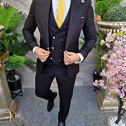 Costum barbatesc negru nasturi aurii Sacou Vesta si Pantalon C4190 4