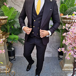 Costum barbatesc negru nasturi aurii Sacou Vesta si Pantalon C4190 5