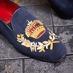 Loafers de barbati bleumarin piele intoarsa broderie aurie P1770 4