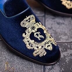 Pantofi Loafers barbatesti albastri catifea cu broderie aurie P1752 4