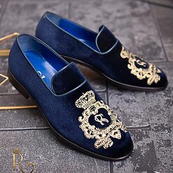 Pantofi Loafers barbatesti albastri catifea cu broderie aurie P1752 5