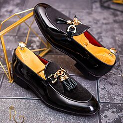 Pantofi Loafers barbatesti piele naturala negri cu ciucuri P1740 5