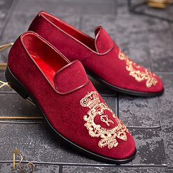 Pantofi Loafers barbatesti rosii cu broderie aurie catifea P1755 4