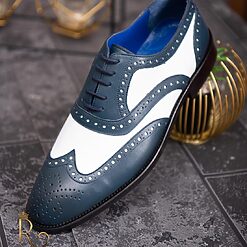 Pantofi de barbati piele naturalableumarin cu alb ivoire P1778 3