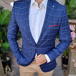 Sacou albastru inchis in carouri croiala Slim Fit SC849 4