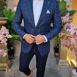 Sacou bleumarin in carouri maro croiala Slim Fit SC848 3