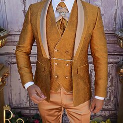 Costum Auriu de ceremonie Slim Fit Sacou Vesta Pantalon si Cravata C3799 5