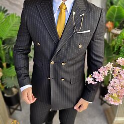 Costum elegant de barbati Negru cu butoni aurii Sacou si Pantalon C4308 3