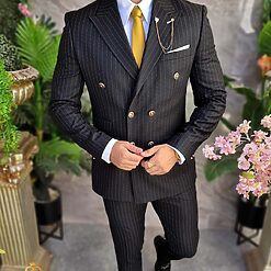 Costum elegant de barbati Negru cu butoni aurii Sacou si Pantalon C4308 4