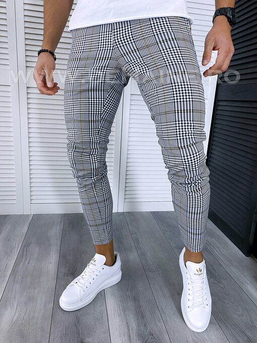 Pantaloni barbati casual regular fit gri in carouri B1640 P18-1.1 E 7-4-Pantaloni > Pantaloni casual