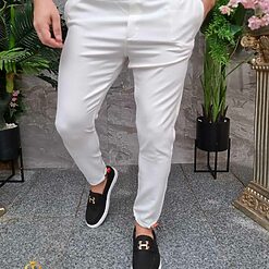 Pantaloni casual alb ivoire cu elastic ajustabil in talie si la glezne PN777 2