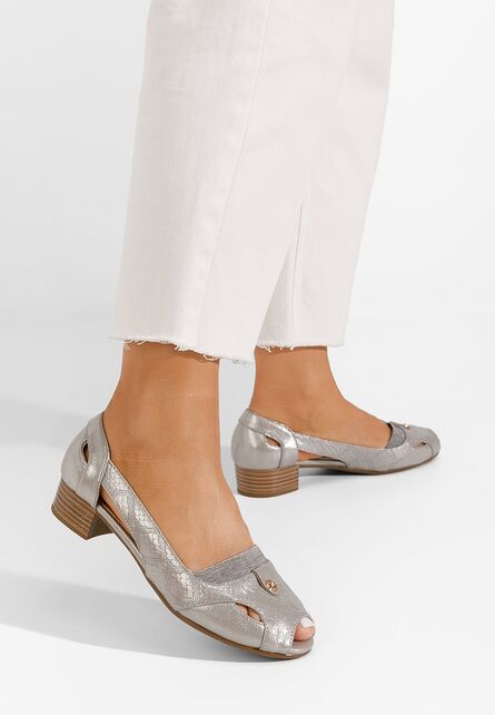 Pantofi cu toc mic Melita B argintii-Pantofi cu toc mic-Pantofi Peep Toe
