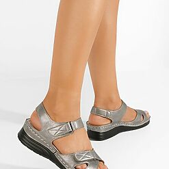 Sandale piele naturală Zeteia argintii-Sandale cu talpa ortopedica-Sandale piele