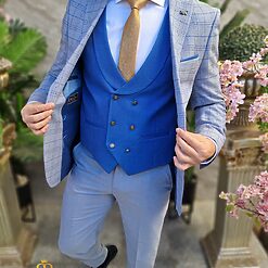Costum elegant bleu pal in carouri set 3 piese C4429 3